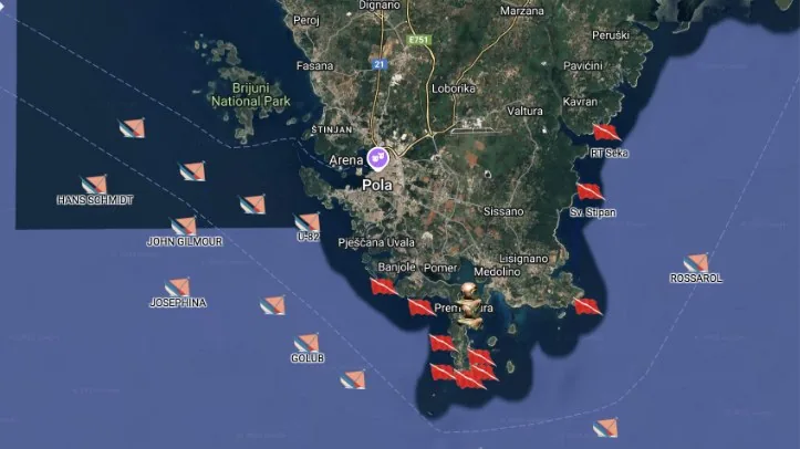 Mappa dei siti di immersione intorno a Premantura